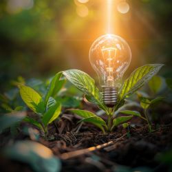 a light bulb glowing by getting energy from a plant in the ground